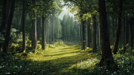 Naklejka premium Sunlit Path Through a Dense, Green Forest