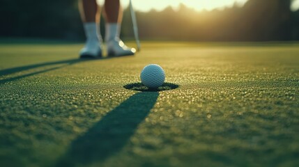 Close-up of a golf ball near the hole, with a golfer preparing to putt on a bright sunny day.
