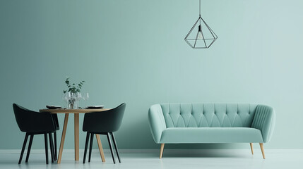 design scene with two chairs, modern living room, A minimalist living room featuring a mint-colored couch with light wooden legs, sleek black furniture accents, a hanging geometric pendant light, and 