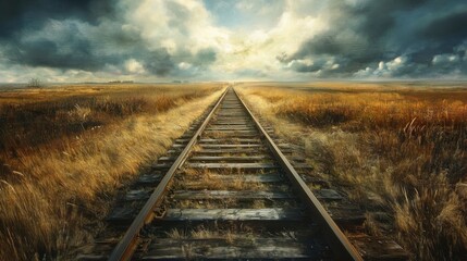 Obraz premium A Single Railroad Track Vanishing into the Distant Horizon Under a Cloudy Sky