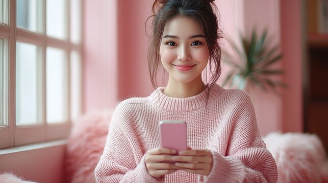 A woman in a pink sweater is holding a pink cell phone