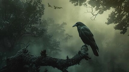 Fototapeta premium Raven in a Misty Forest - Dark and Moody Nature Photography