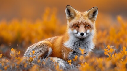 A fox is laying in the grass, looking at the camera