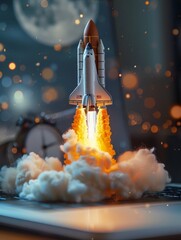 Fototapeta premium Rocket launch from laptop on office table to fly up in air - ai