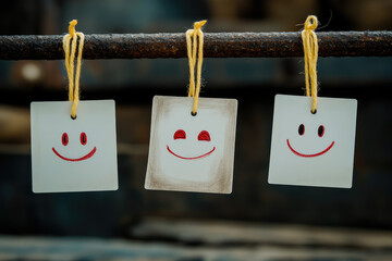 Three white rectangular tags with smiley faces hanging on strings, photographed from the front. Created with Ai