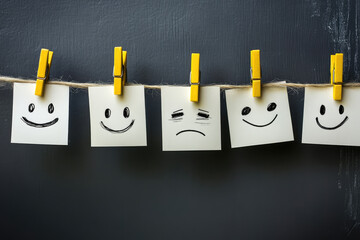 4 white sticky notes with smiley faces on them, hanging from a item. Created with Ai