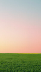 "Serene Green Field at Sunset with Soft Pink and Orange Sky &ndash; Peaceful Nature Landscape for Tranquility, Countryside, and Agricultural Themes"