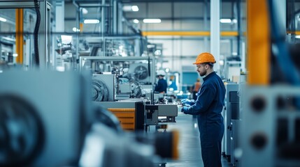 Industrial Worker Operating Machinery in Modern Manufacturing Plant
