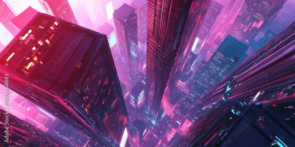 Poster top-down view of a skyscraper with a vibrant synthwave aesthetic.