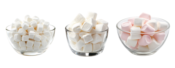 Marshmallows in glass bowls collection isolated on a transparent background, confectionery PNG