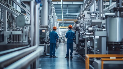 Fototapeta premium Industrial Engineers Inspecting Manufacturing Equipment in Modern Factory