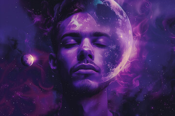 Portrait of a man with his eyes closed, lost in deep thought, as the glowing purple moon illuminates the cosmic sky around him.