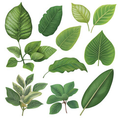 Vibrant Plant Leaf Elements Collection on Clean White Background for Botanical Designs