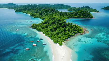 Fototapeta premium Tropical Paradise from Above: Aerial View of Lush Island and Coral Reefs