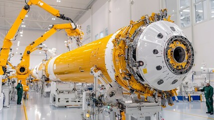 Naklejka premium A group of engineers working together in a clean room environment using robotic arms and precision tools to carefully assemble a complex rocket engine