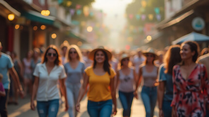 Blurred image of a large crowd of people in the city center