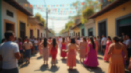 Blurred silhouettes of people in bright outfits against the background of the street. The atmosphere of the city carnival