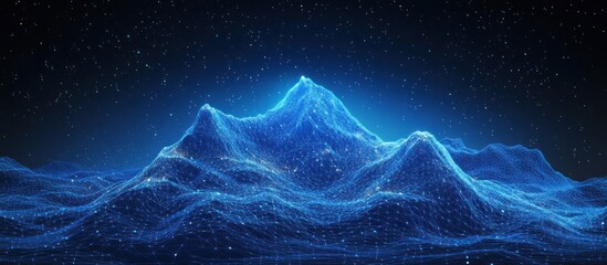Abstract Wireframe Mountain Landscape with Blue Glow and Stars