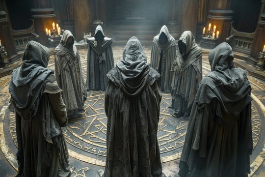 Mysterious hooded figures gather in dim room around glowing magical symbol and flickering candles - Powered by Adobe