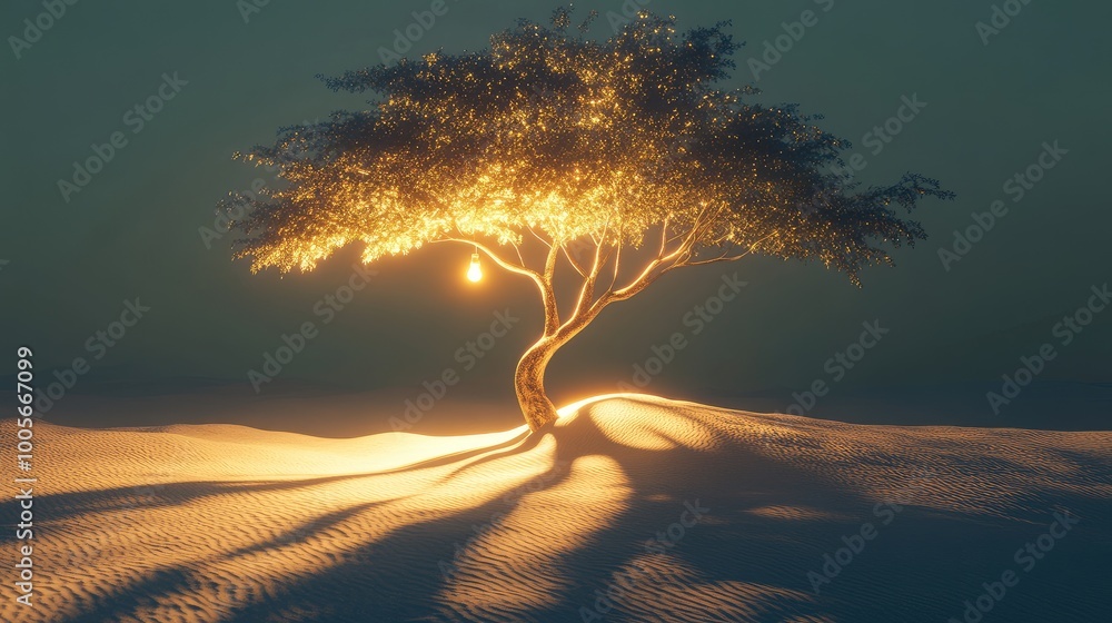 Poster a tree with a glowing lightbulb canopy casts a human shadow on the sand. created by ai, no logo, sim