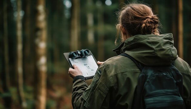 A person with binoculars and a notepad standing in a forest.