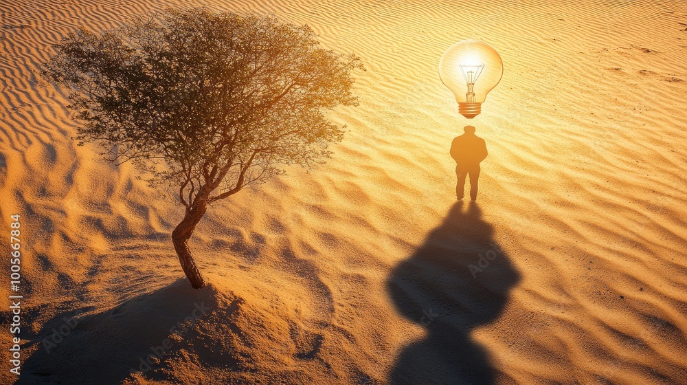 Poster a tree with lightbulb canopy casting the shadow of a man on sand, representing ai-generated creativi