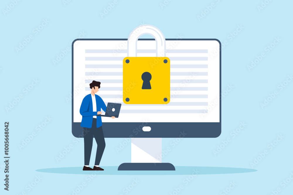 Poster flat illustration of man encrypting sensitive data to protect from unauthorized access and ensuring 