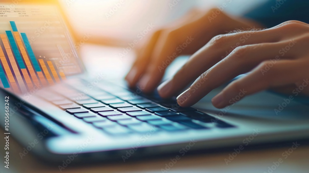 Poster close-up of hands typing on laptop keyboard with financial data on screen, representing productivity