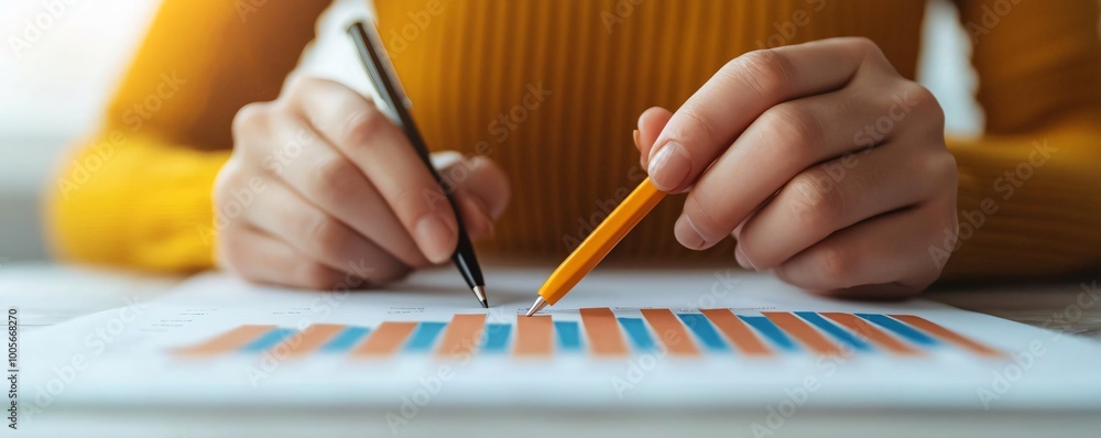Poster close-up of hands using pens on a chart, highlighting data analysis and business strategy in a moder