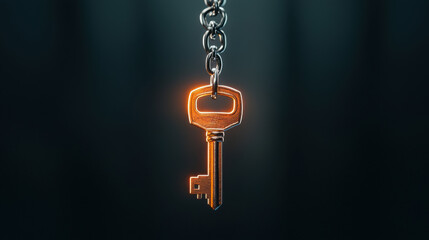 Golden key on chain, dark background