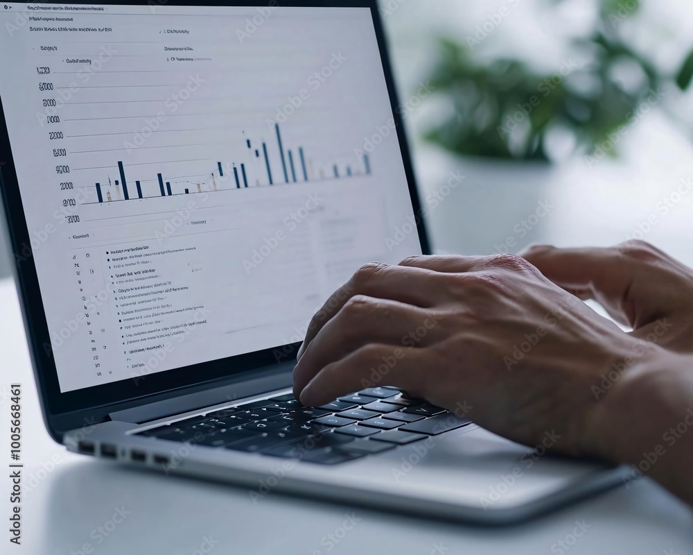 Poster close-up of hands typing on a laptop with a data chart on the screen, showcasing analytics and produ