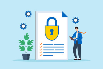 Flat illustration of man reviewing security policies and protocols to ensure compliance with industry standards