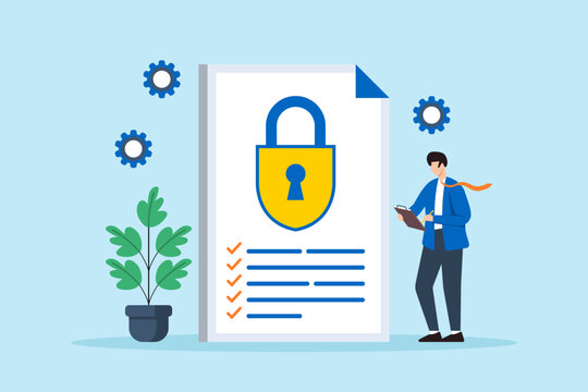 Flat illustration of man reviewing security policies and protocols to ensure compliance with industry standards