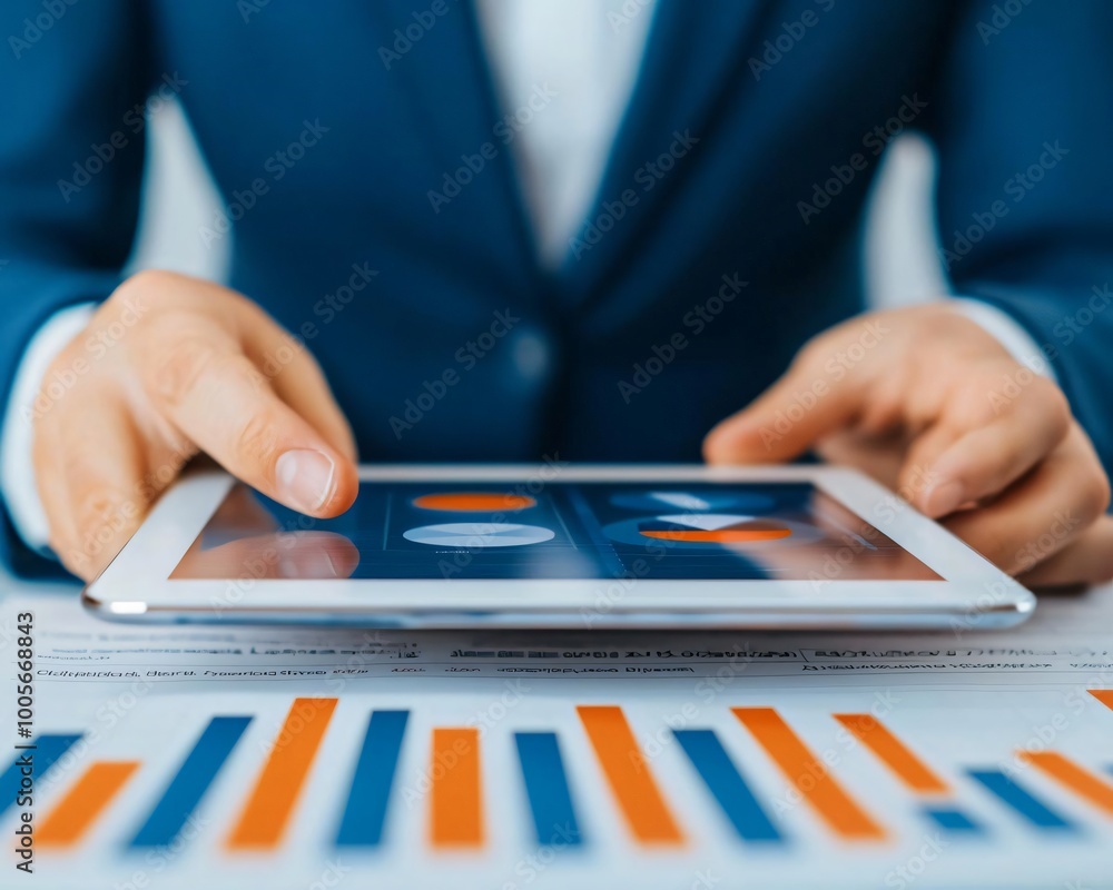 Poster professional person analyzing data on a tablet, focused on charts and graphs for business insights a