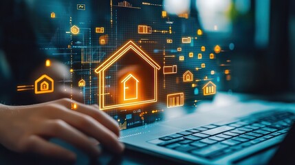A person's hand hovers over a laptop keyboard, with a glowing house icon and digital data in the background.