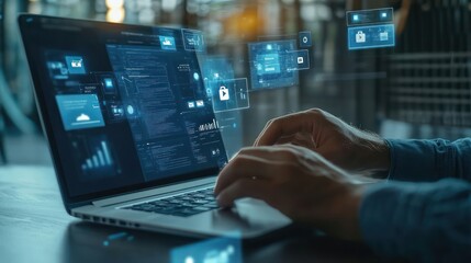 A person's hands typing on a laptop with a blue screen showing code and security icons.