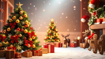 Christmas tree with ornaments lights and angel with empty space