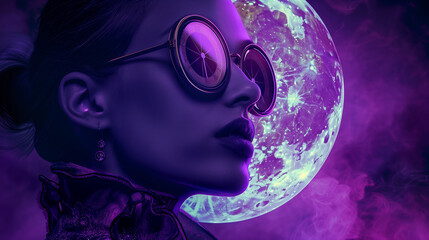 A futuristic depiction of a woman in purple hues wearing reflective goggles, with a glowing moon and cosmic energy in the background.