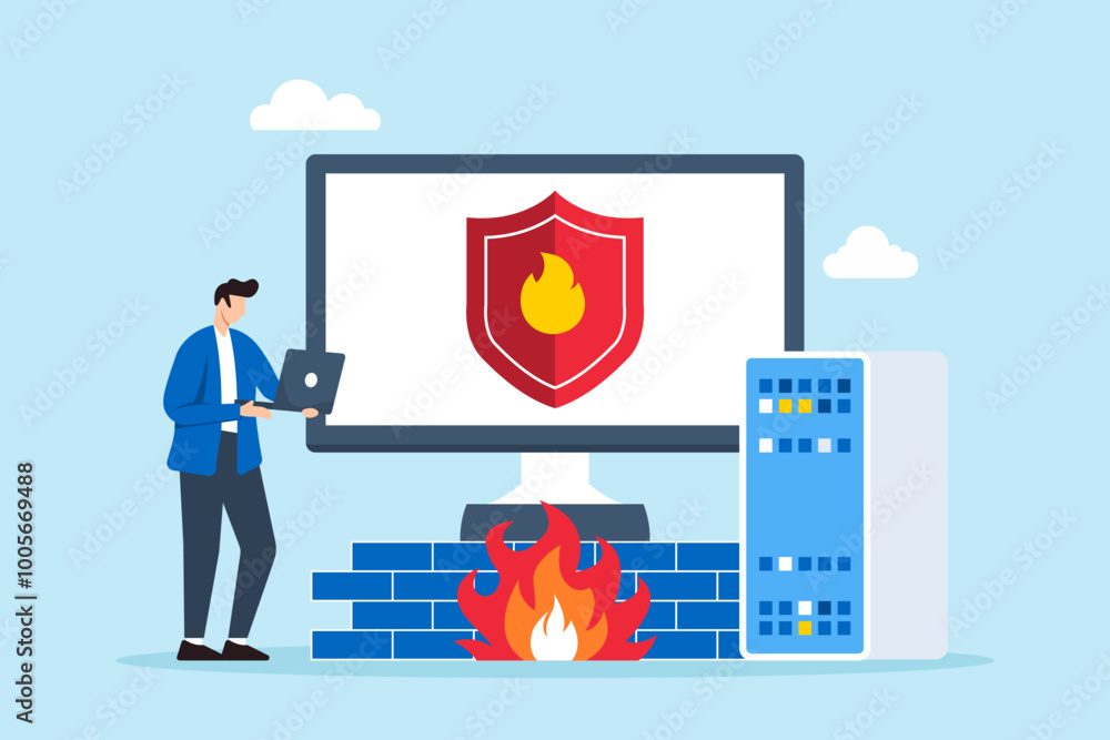 Poster flat illustration of engineer setting up firewall on server with security shield