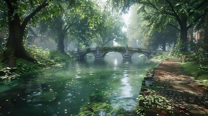 Stone Bridge Over a Tranquil River in a Lush Green Forest