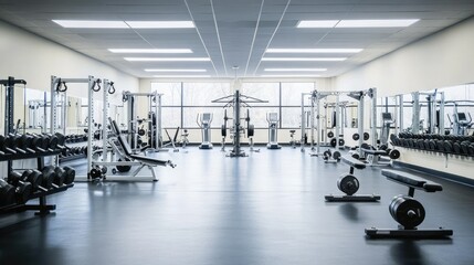 A spacious gym with various weight racks, barbells, and workout equipment, empty and ready