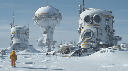 Obraz premium A serene and surreal landscape of a frozen city with structures covered in ice symbolizing time frozen in for future space