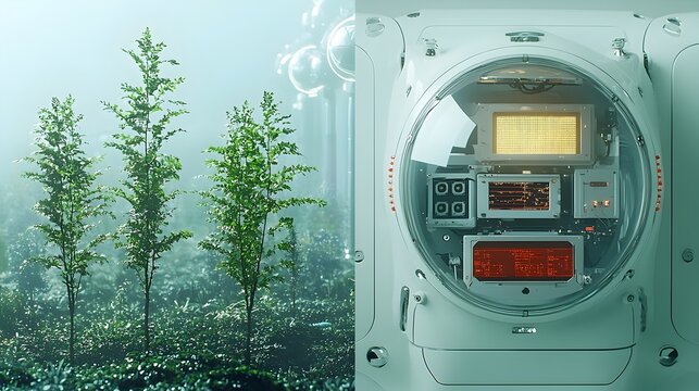 A side by side visual representation showcasing the parallels between oxygen production on Earth through the natural processes of trees and plants