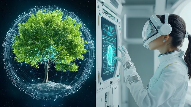 A side by side visual representation showcasing the parallel processes of oxygen production on Earth through natural tree based ecosystems and inside spacecraft through advanced technological