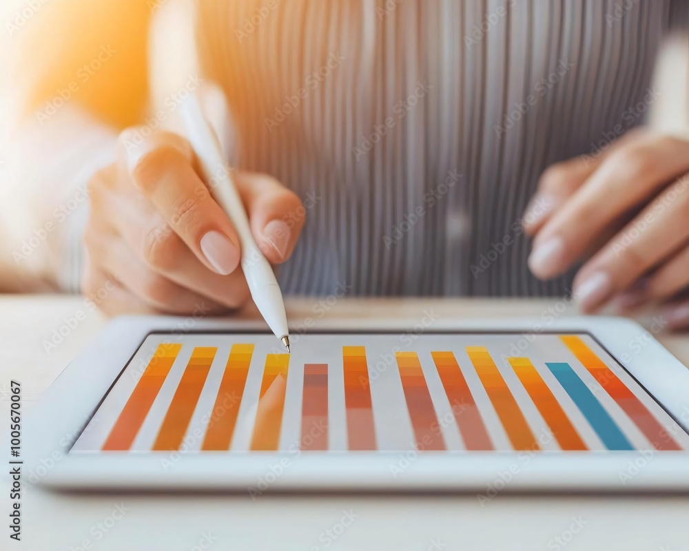 Poster a business professional analyzing colorful data charts on a tablet, showcasing a modern approach to 