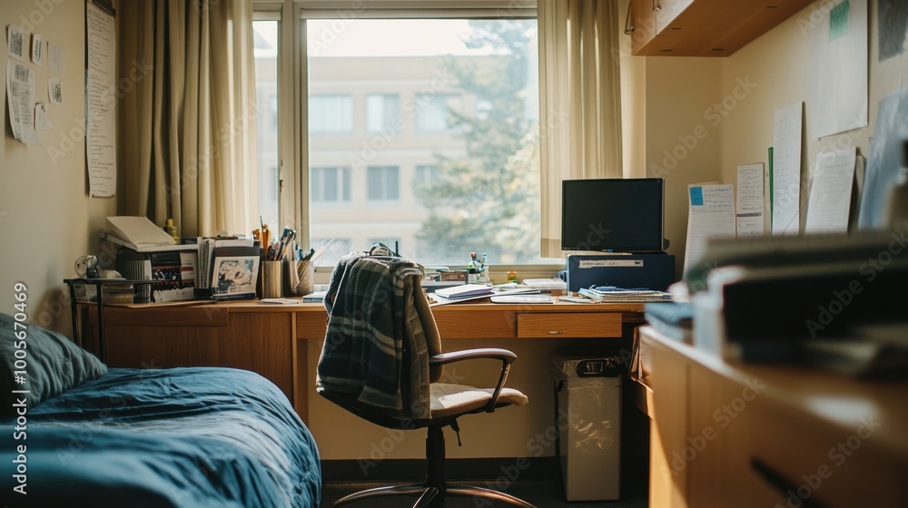 Poster an empty dorm room with a desk full of study materials, preparing for final exams in a calm, focused