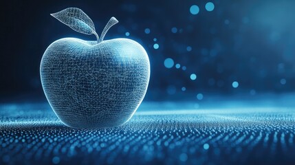Abstract apple with a wireframe mesh, set against a blue space with a slight digital texture.