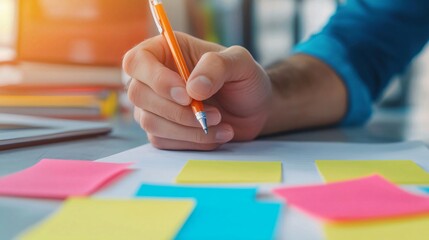 A close-up of a hand holding a pen, planning with colorful sticky notes on a desk, symbolizing organization and creativity.