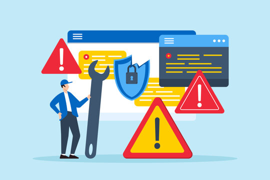 Flat illustration of it professional fixing data breach alert on virtual interface with critical errors