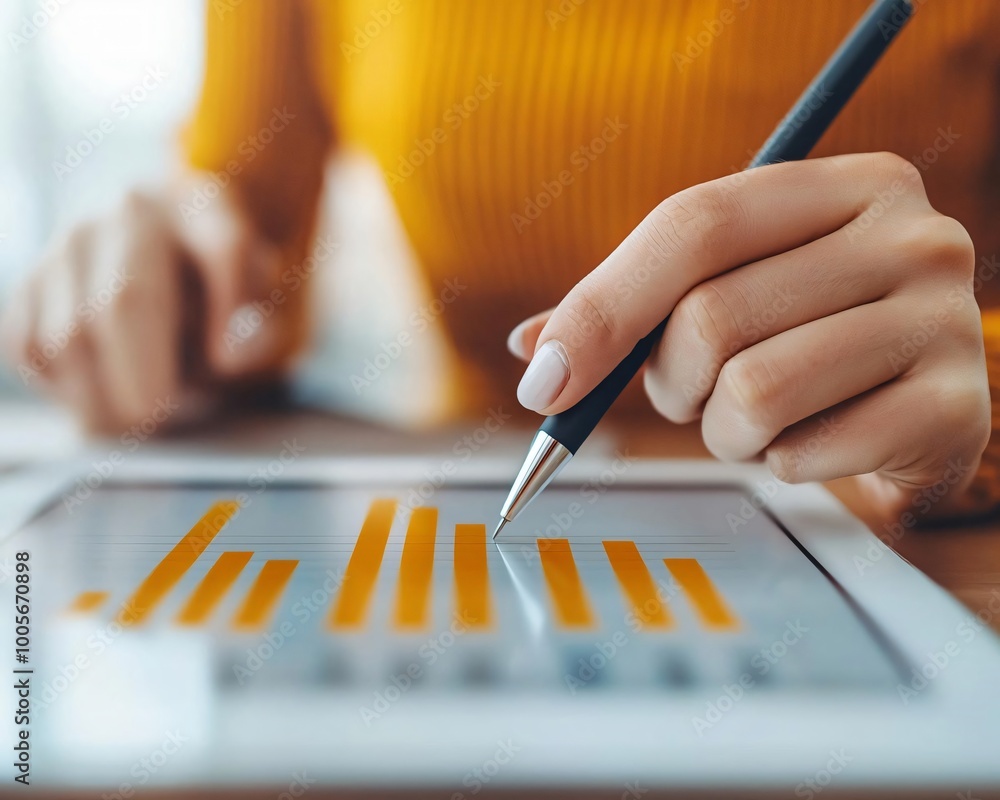 Poster a close-up of a hand holding a pen, focused on a digital tablet displaying vibrant bar graphs, repre